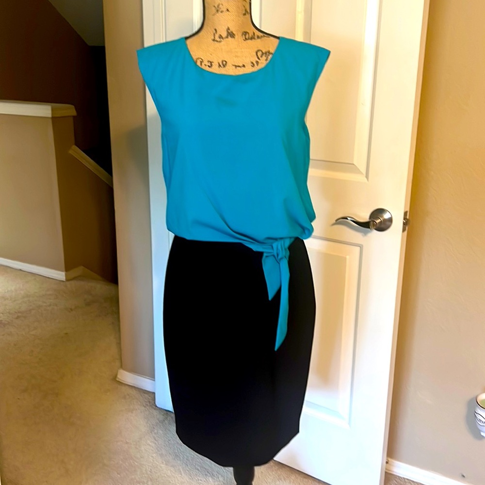 Ellen Tracy sleeveless color block dress with side tie. Size 6.